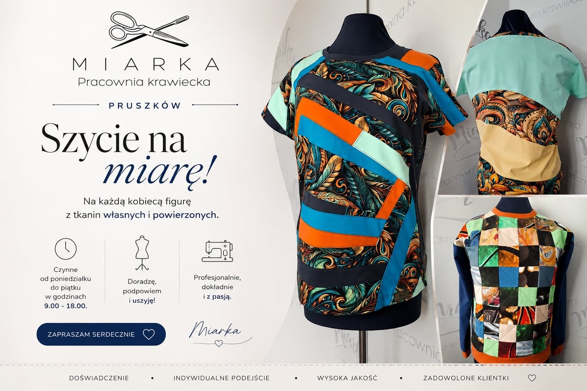 Marka Pracownia Krawiecka Bruszków website showing colorful patchwork t-shirts on mannequins
